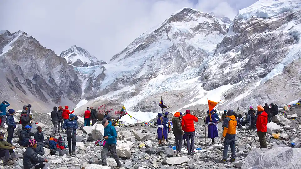 100 of Trekkers in Base Camp During Our Budget Everest Base Camp Trek