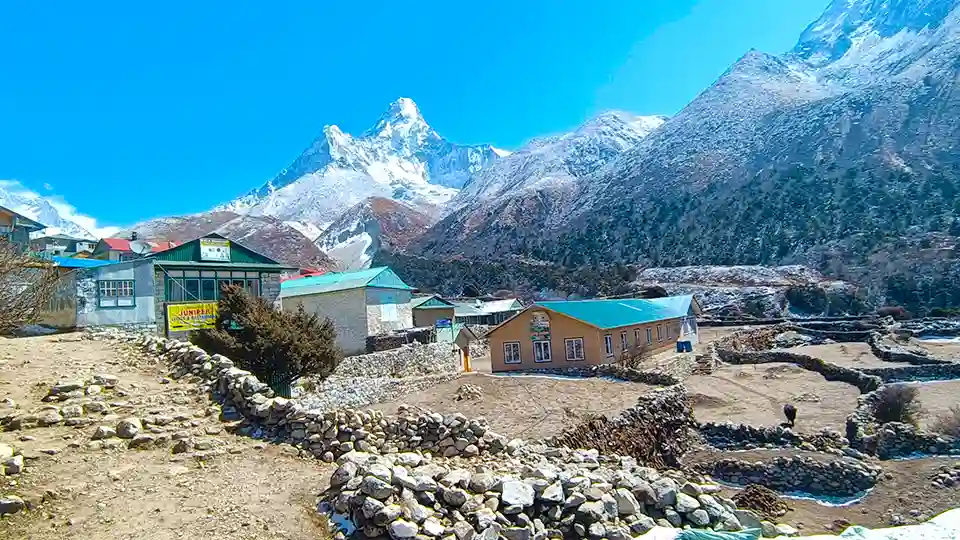 Pangboche village with Ama Dablam Mountain in background.