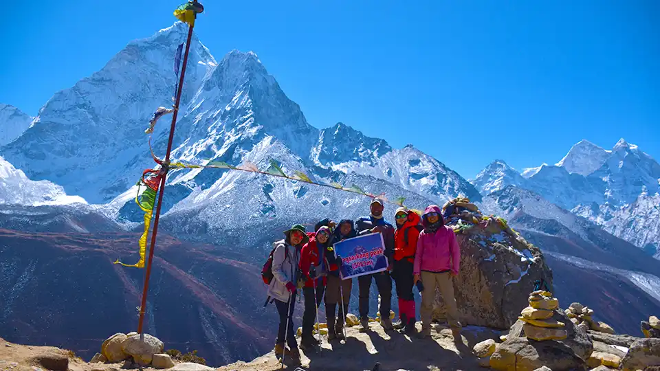 trekkers Taking Photo inside Sagarmatha National Park in Dingboche