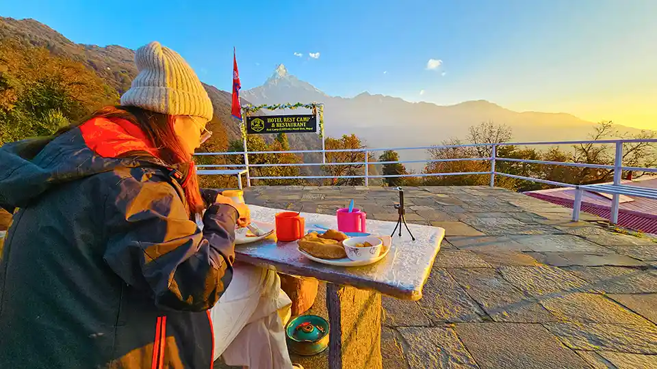 Mardi Himal Trek 4 Days 4 Breakfast In Front of Fishtail-Mardi Himal Trek 4 Days