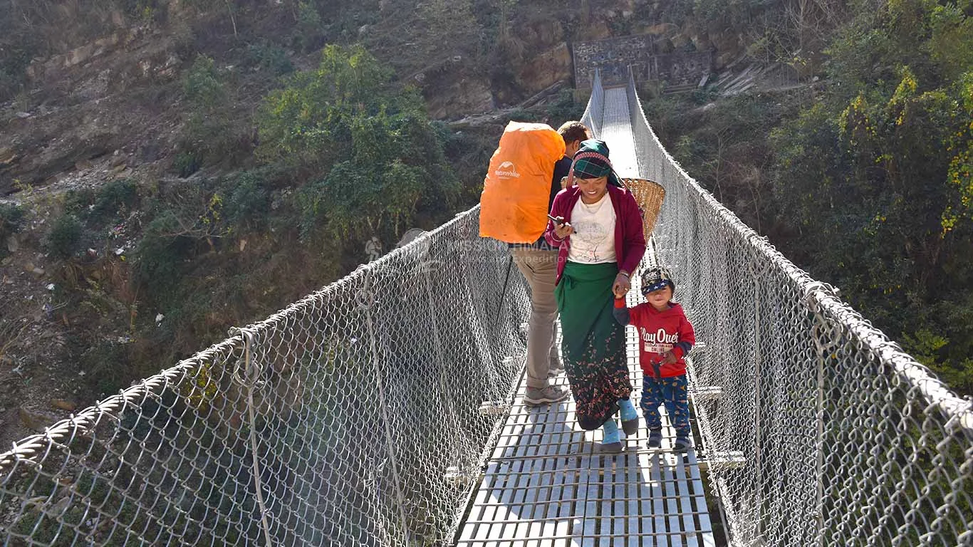 Tourist and local crossing suspension bridge over Budi Gandaki River